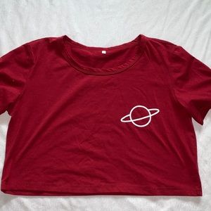 space planet graphic burgundy crop top tshirt
